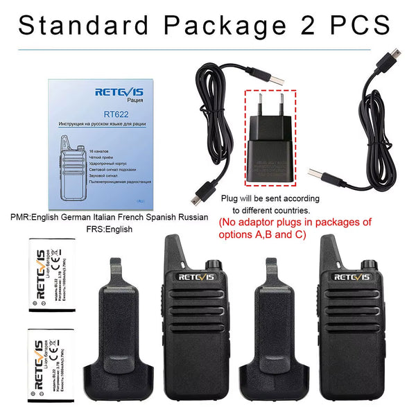 RT622 Walkie Talkie Mini 2 Pcs PMR 446 Portable Two-Way Radio Ht PTT Walkie-Talkies Communication Radio for Restaurant