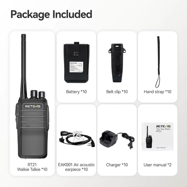 RT21 Walkie Talkies for Adults, 2 Way Radios Walkie Talkies Long Range, Portable FRS Two Way Radios with Earpiece, Handfree, for Government Education Churches Dealers(10 Pack)