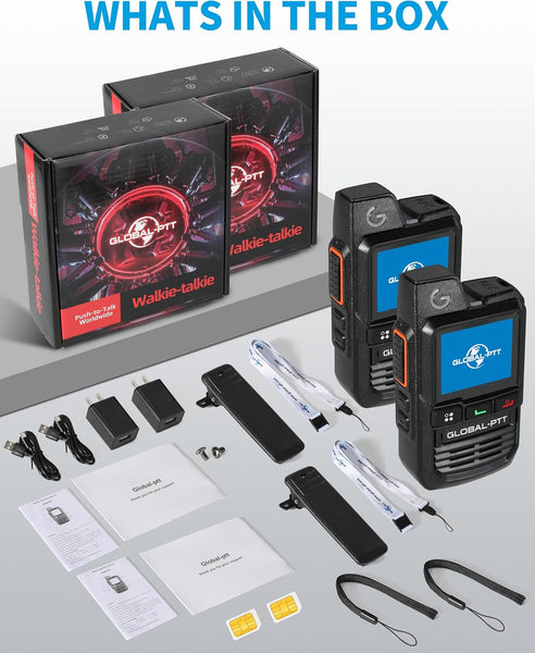 2-Pack Global Walkie Talkies with Sim Cards - Handheld Poc Two Way Radios Unlimited Range - Rechargeable PTT Push to Talk over Cellular Radio Long Range (G0)