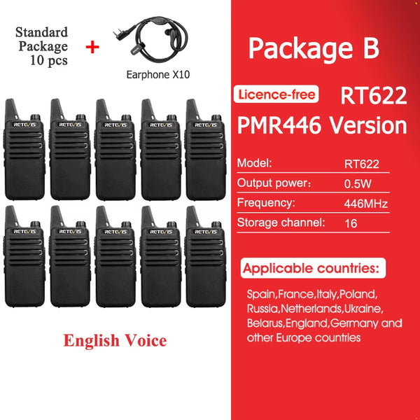 10 Pcs Wholesale Mini Walkie Talkie  Rechargeable Walkie-Talkies Two-Way Radio RT622 PMR446 Radio Hotel Restaurant Retail
