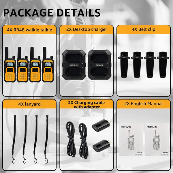 RB48 Heavy Duty Walkie Talkies, Waterproof Two Way Radio, Advanced Triple Proof, 2000 Mah, Emergency, 2 Way Radio Long Range for Job Site (4 Pack) Yellow