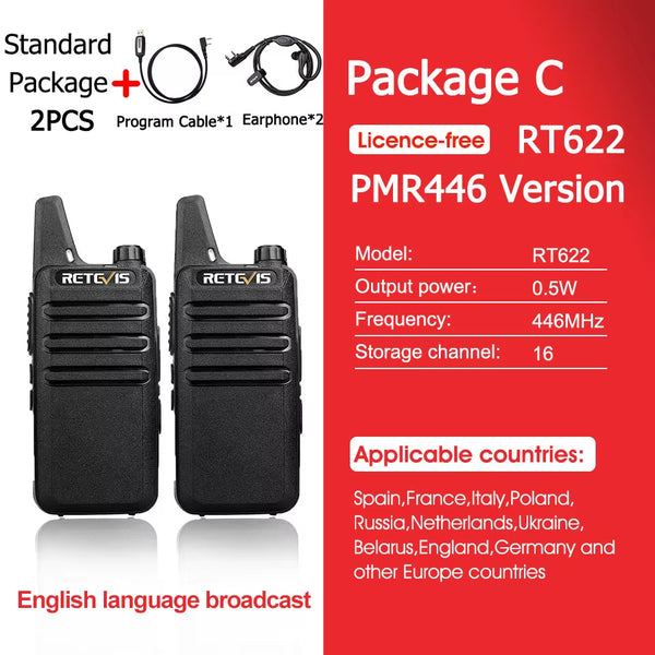 RT622 Walkie Talkie Mini 2 Pcs PMR 446 Portable Two-Way Radio Ht PTT Walkie-Talkies Communication Radio for Restaurant