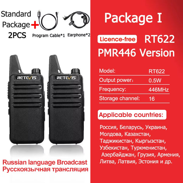 RT622 Walkie Talkie Mini 2 Pcs PMR 446 Portable Two-Way Radio Ht PTT Walkie-Talkies Communication Radio for Restaurant