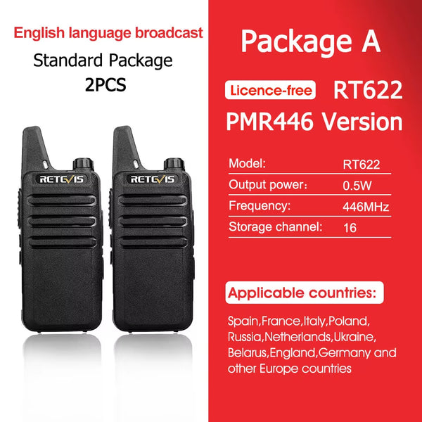RT622 Walkie Talkie Mini 2 Pcs PMR 446 Portable Two-Way Radio Ht PTT Walkie-Talkies Communication Radio for Restaurant