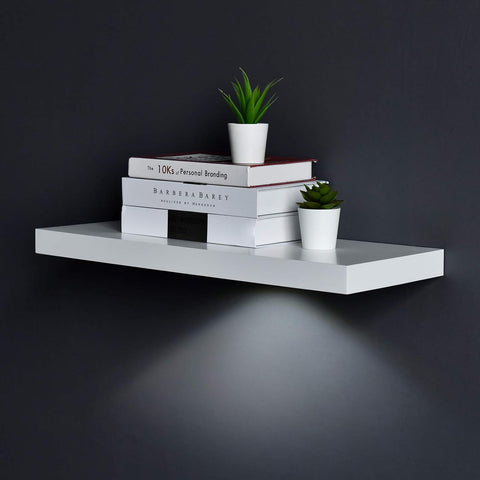 White Floating Shelf with Touch-Sensing Battery Powered LED Light,Wall Mounted Display Shelves for Entrance, Living Room, Bedroom, Kitchen and Bathroom (24-INCH, White)