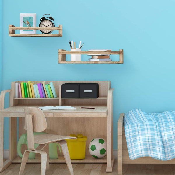 Floating Shelves for Wall Set of 2, Wood Wall Mounted Storage Shelves Holder for Farmhouse Decor, Nursery Book Shelves, Spice Rack Organizer for Bathroom, Bedroom, Kitchen (Light Brown)