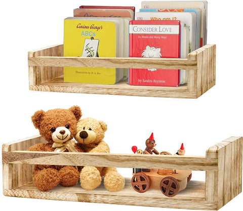 Floating Shelves for Wall Set of 2, Wood Wall Mounted Storage Shelves Holder for Farmhouse Decor, Nursery Book Shelves, Spice Rack Organizer for Bathroom, Bedroom, Kitchen (Light Brown)