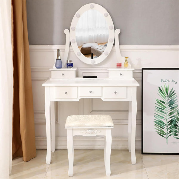 Vanity Table Set with Lighted Mirror, Makeup Dressing Table and Cushioned Stool Set with 5 Large Drawers for Women Girls