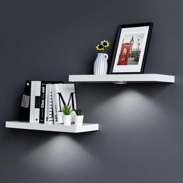 White Floating Shelf with Touch-Sensing Battery Powered LED Light,Wall Mounted Display Shelves for Entrance, Living Room, Bedroom, Kitchen and Bathroom (24-INCH, White)