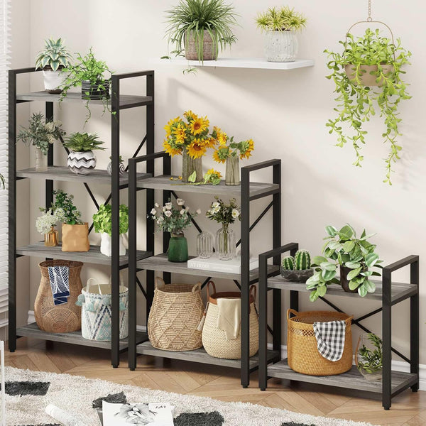 3 Tier Bookshelf, Small Rustic Book Shelf, Short Industrial Bookcase, Wood Metal Standing Etagere for Office, Bedroom and Living Room (Dark Gray Oak)