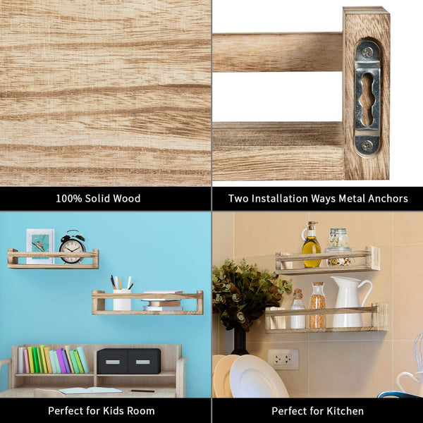 Floating Shelves for Wall Set of 2, Wood Wall Mounted Storage Shelves Holder for Farmhouse Decor, Nursery Book Shelves, Spice Rack Organizer for Bathroom, Bedroom, Kitchen (Light Brown)
