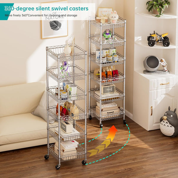 Shelf 6 Tier Shelves Wire Shelving Unit with Wheels Basket Storage Rack Corner Adjustable Closet Bathroom Organizers Metal Pantry Kitchen Garage Laundry Room 13.5" D X 13.5" W X 63" H Silver