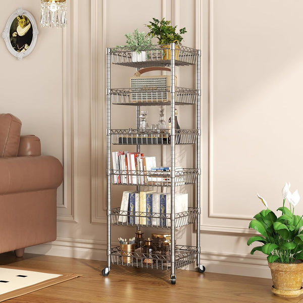 Shelf 6 Tier Shelves Wire Shelving Unit with Wheels Basket Storage Rack Corner Adjustable Closet Bathroom Organizers Metal Pantry Kitchen Garage Laundry Room 13.5" D X 13.5" W X 63" H Silver