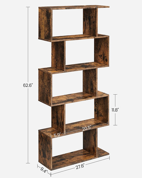 Bookcase, 5-Tier Bookshelf, Display Shelf and Room Divider, Freestanding Decorative Storage Shelving, Rustic Brown ULBC62BX, 27.6”L X 9.4”W X 62.6”H (70 X 24 X 159 Cm)