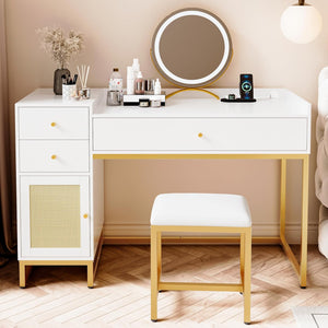 White Makeup Vanity Desk with Stools,Rattan Vanity Table Set with Power Outlet,Makeup Table Dressing Table with Drawers & Cabinet, Small Vanity Table for Bedroom with Storage,Without Mirror
