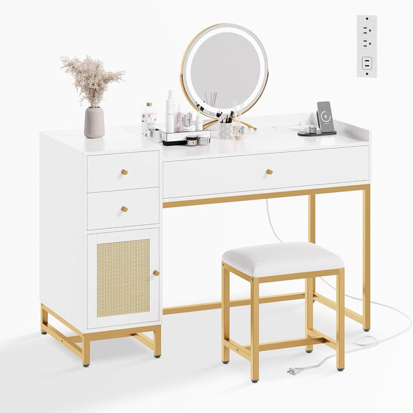 White Makeup Vanity Desk with Stools,Rattan Vanity Table Set with Power Outlet,Makeup Table Dressing Table with Drawers & Cabinet, Small Vanity Table for Bedroom with Storage,Without Mirror