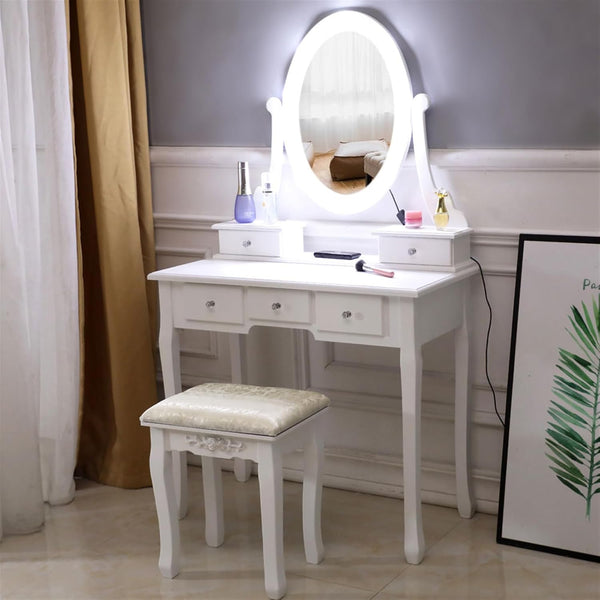 Vanity Table Set with Lighted Mirror, Makeup Dressing Table and Cushioned Stool Set with 5 Large Drawers for Women Girls