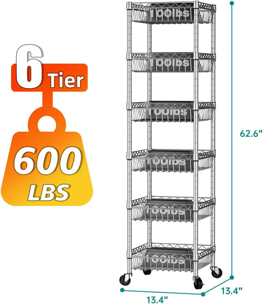 Shelf 6 Tier Shelves Wire Shelving Unit with Wheels Basket Storage Rack Corner Adjustable Closet Bathroom Organizers Metal Pantry Kitchen Garage Laundry Room 13.5" D X 13.5" W X 63" H Silver
