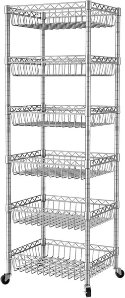 Shelf 6 Tier Shelves Wire Shelving Unit with Wheels Basket Storage Rack Corner Adjustable Closet Bathroom Organizers Metal Pantry Kitchen Garage Laundry Room 13.5" D X 13.5" W X 63" H Silver