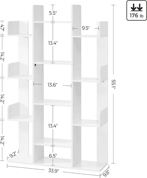 Bookshelf, Tree-Shaped Bookcase with 13 Storage Shelves, Rounded Corners, 9.8”D X 33.9”W X 55.1”H, White ULBC067W01