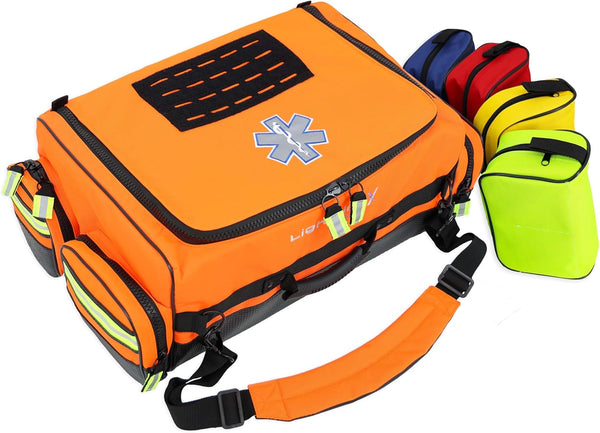 Lightning X Fully Stocked X-Tuff Modular Oxygen Trauma Bag W/ Removable Organizer Pouches for EMS/EMT + First Responder - Orange