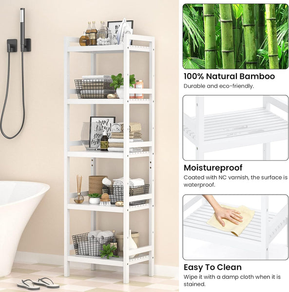 Bamboo Bookshelf, 5-Tier Narrow 55.9” Adjustable Book Shelf Bookcase Bathroom Shelves Freestanding Storage Stand for Living Room, Bedroom, Kitchen, Rust Resistance, Easy Assembly, White