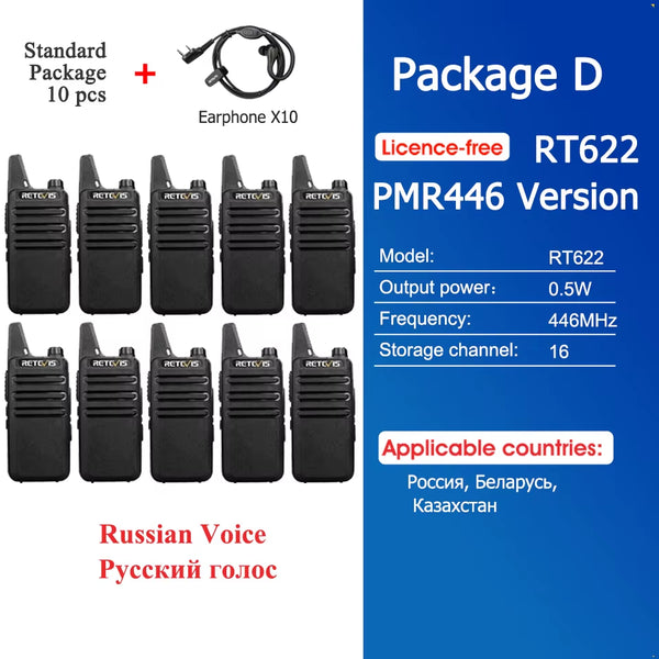 10 Pcs Wholesale Mini Walkie Talkie  Rechargeable Walkie-Talkies Two-Way Radio RT622 PMR446 Radio Hotel Restaurant Retail