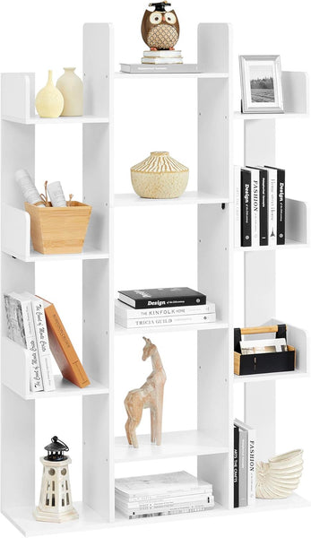 Bookshelf, Tree-Shaped Bookcase with 13 Storage Shelves, Rounded Corners, 9.8”D X 33.9”W X 55.1”H, White ULBC067W01