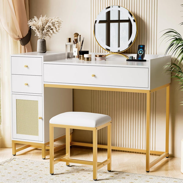 White Makeup Vanity Desk with Stools,Rattan Vanity Table Set with Power Outlet,Makeup Table Dressing Table with Drawers & Cabinet, Small Vanity Table for Bedroom with Storage,Without Mirror