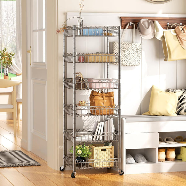 Shelf 6 Tier Shelves Wire Shelving Unit with Wheels Basket Storage Rack Corner Adjustable Closet Bathroom Organizers Metal Pantry Kitchen Garage Laundry Room 13.5" D X 13.5" W X 63" H Silver
