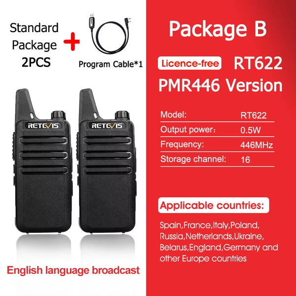 RT622 Walkie Talkie Mini 2 Pcs PMR 446 Portable Two-Way Radio Ht PTT Walkie-Talkies Communication Radio for Restaurant