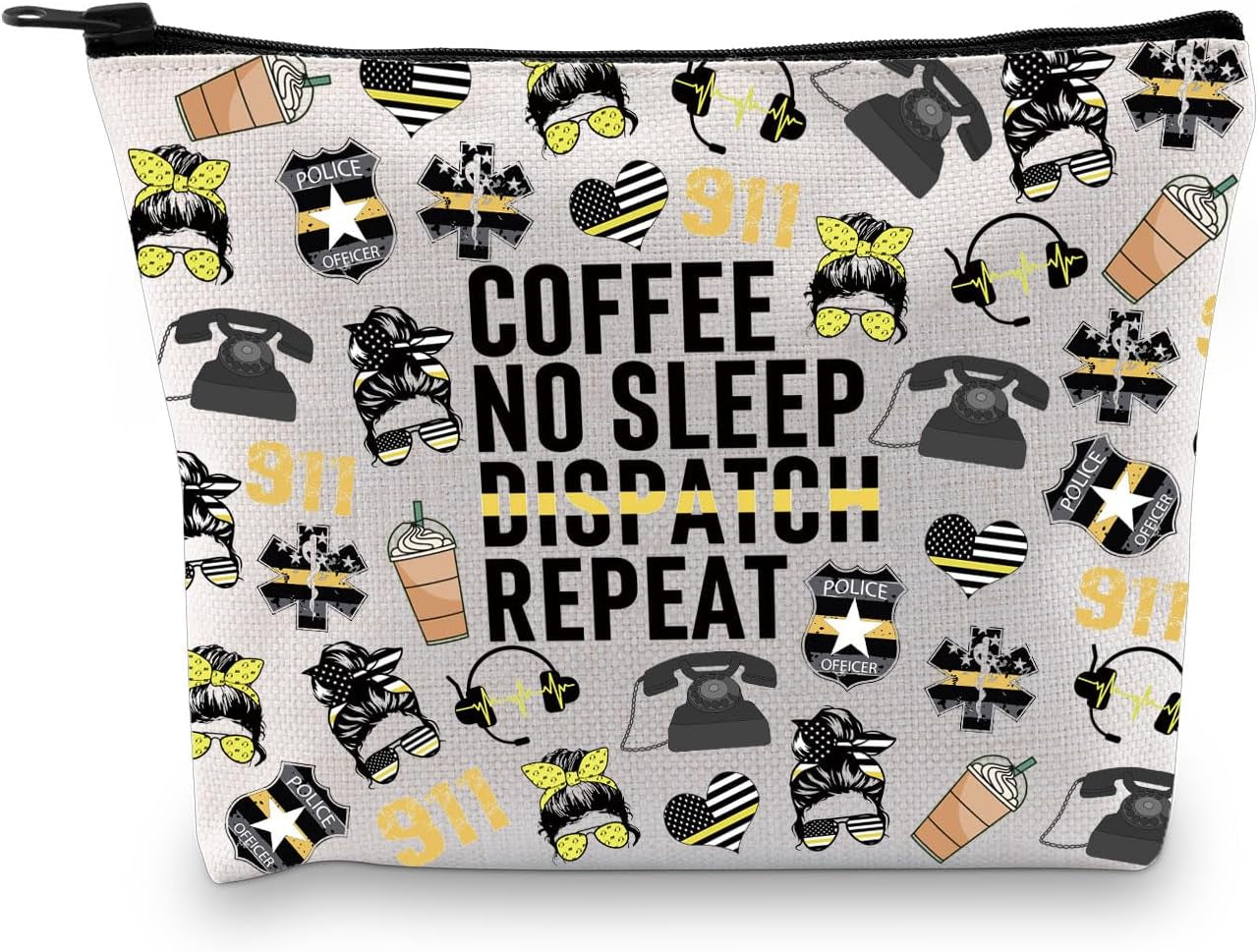 Thin Yellow Line 911 Dispatcher Gift First Responder Operator Gift Coffee No Sleep Dispatch Repeat Makeup Bag (Dispatch Repeat Bag)