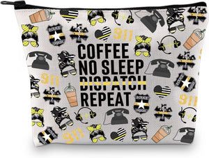 Thin Yellow Line 911 Dispatcher Gift First Responder Operator Gift Coffee No Sleep Dispatch Repeat Makeup Bag (Dispatch Repeat Bag)