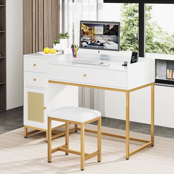 White Makeup Vanity Desk with Stools,Rattan Vanity Table Set with Power Outlet,Makeup Table Dressing Table with Drawers & Cabinet, Small Vanity Table for Bedroom with Storage,Without Mirror