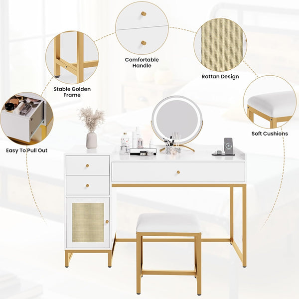 White Makeup Vanity Desk with Stools,Rattan Vanity Table Set with Power Outlet,Makeup Table Dressing Table with Drawers & Cabinet, Small Vanity Table for Bedroom with Storage,Without Mirror