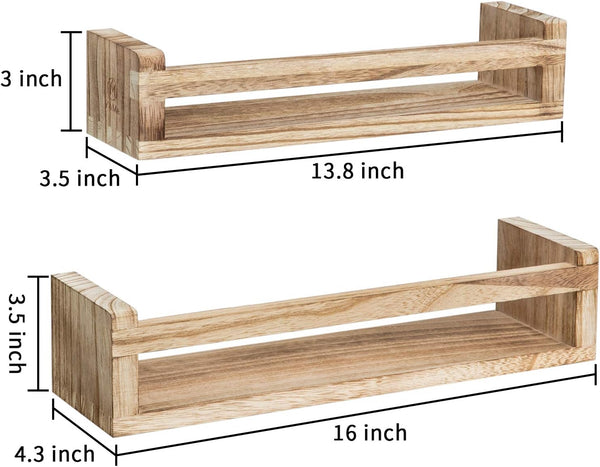 Floating Shelves for Wall Set of 2, Wood Wall Mounted Storage Shelves Holder for Farmhouse Decor, Nursery Book Shelves, Spice Rack Organizer for Bathroom, Bedroom, Kitchen (Light Brown)