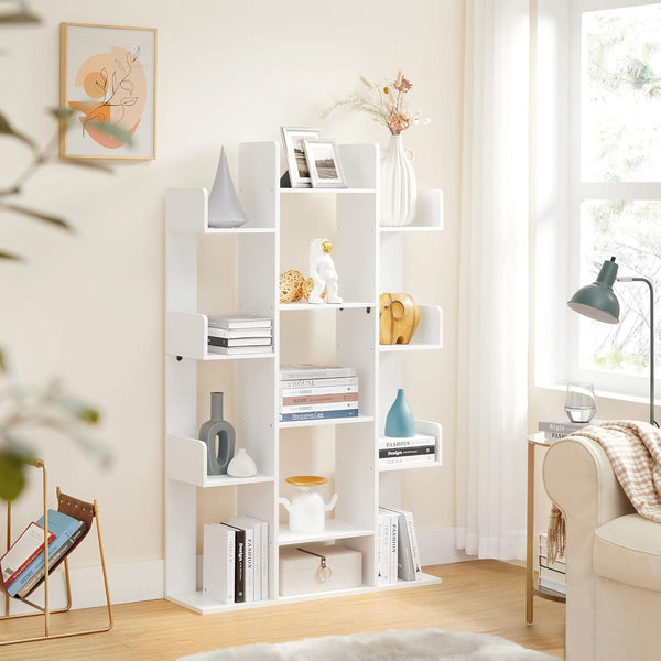 Bookshelf, Tree-Shaped Bookcase with 13 Storage Shelves, Rounded Corners, 9.8”D X 33.9”W X 55.1”H, White ULBC067W01