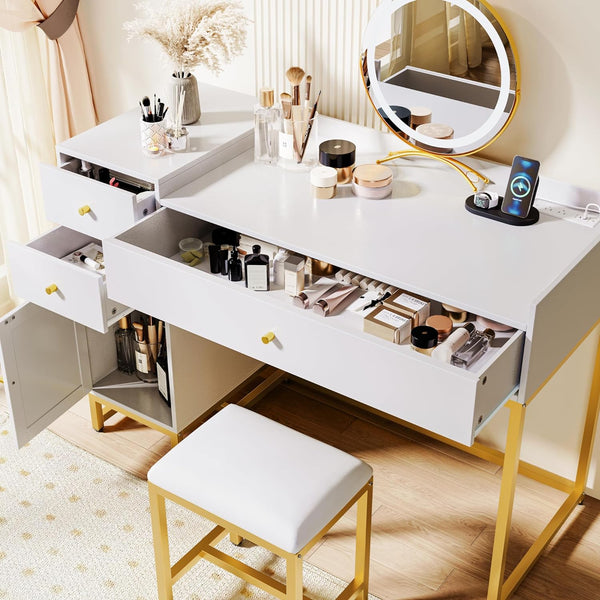 White Makeup Vanity Desk with Stools,Rattan Vanity Table Set with Power Outlet,Makeup Table Dressing Table with Drawers & Cabinet, Small Vanity Table for Bedroom with Storage,Without Mirror