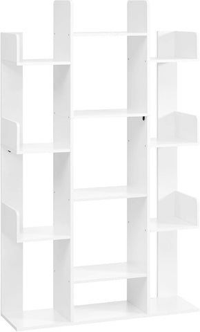 Bookshelf, Tree-Shaped Bookcase with 13 Storage Shelves, Rounded Corners, 9.8”D X 33.9”W X 55.1”H, White ULBC067W01