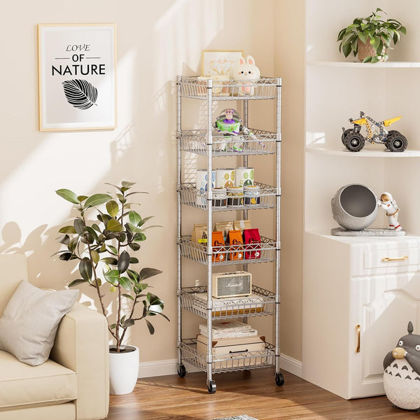 Shelf 6 Tier Shelves Wire Shelving Unit with Wheels Basket Storage Rack Corner Adjustable Closet Bathroom Organizers Metal Pantry Kitchen Garage Laundry Room 13.5" D X 13.5" W X 63" H Silver