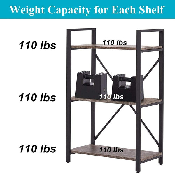 3 Tier Bookshelf, Small Rustic Book Shelf, Short Industrial Bookcase, Wood Metal Standing Etagere for Office, Bedroom and Living Room (Dark Gray Oak)