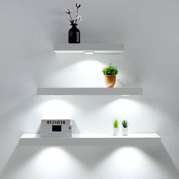 White Floating Shelf with Touch-Sensing Battery Powered LED Light,Wall Mounted Display Shelves for Entrance, Living Room, Bedroom, Kitchen and Bathroom (24-INCH, White)