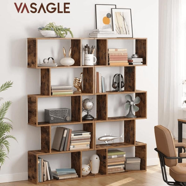 Bookcase, 5-Tier Bookshelf, Display Shelf and Room Divider, Freestanding Decorative Storage Shelving, Rustic Brown ULBC62BX, 27.6”L X 9.4”W X 62.6”H (70 X 24 X 159 Cm)