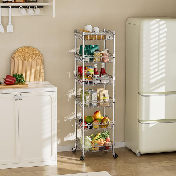 Shelf 6 Tier Shelves Wire Shelving Unit with Wheels Basket Storage Rack Corner Adjustable Closet Bathroom Organizers Metal Pantry Kitchen Garage Laundry Room 13.5" D X 13.5" W X 63" H Silver