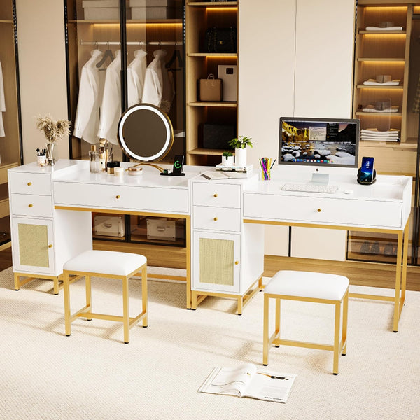 White Makeup Vanity Desk with Stools,Rattan Vanity Table Set with Power Outlet,Makeup Table Dressing Table with Drawers & Cabinet, Small Vanity Table for Bedroom with Storage,Without Mirror