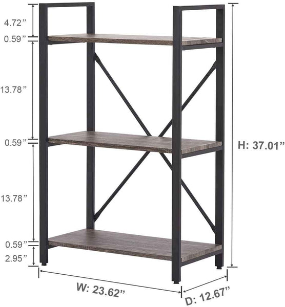 3 Tier Bookshelf, Small Rustic Book Shelf, Short Industrial Bookcase, Wood Metal Standing Etagere for Office, Bedroom and Living Room (Dark Gray Oak)