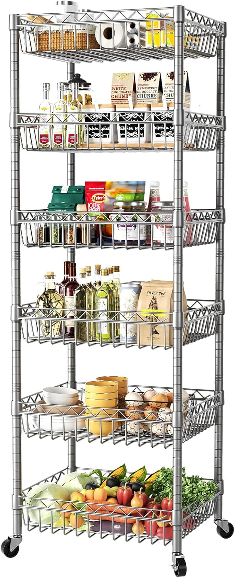 Shelf 6 Tier Shelves Wire Shelving Unit with Wheels Basket Storage Rack Corner Adjustable Closet Bathroom Organizers Metal Pantry Kitchen Garage Laundry Room 13.5" D X 13.5" W X 63" H Silver