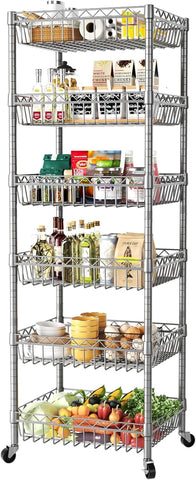 Shelf 6 Tier Shelves Wire Shelving Unit with Wheels Basket Storage Rack Corner Adjustable Closet Bathroom Organizers Metal Pantry Kitchen Garage Laundry Room 13.5" D X 13.5" W X 63" H Silver