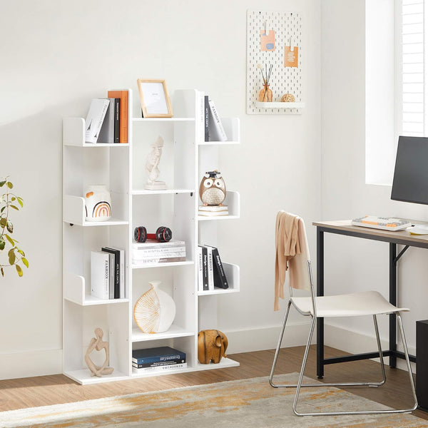 Bookshelf, Tree-Shaped Bookcase with 13 Storage Shelves, Rounded Corners, 9.8”D X 33.9”W X 55.1”H, White ULBC067W01