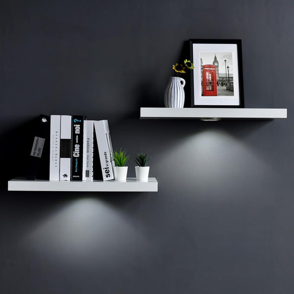 White Floating Shelf with Touch-Sensing Battery Powered LED Light,Wall Mounted Display Shelves for Entrance, Living Room, Bedroom, Kitchen and Bathroom (24-INCH, White)